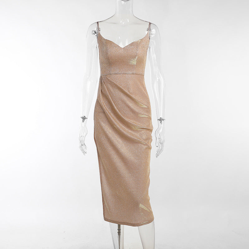 Damen elegantes Metallic-Effekt-Midikleid mit Spaghettiträgern Drune