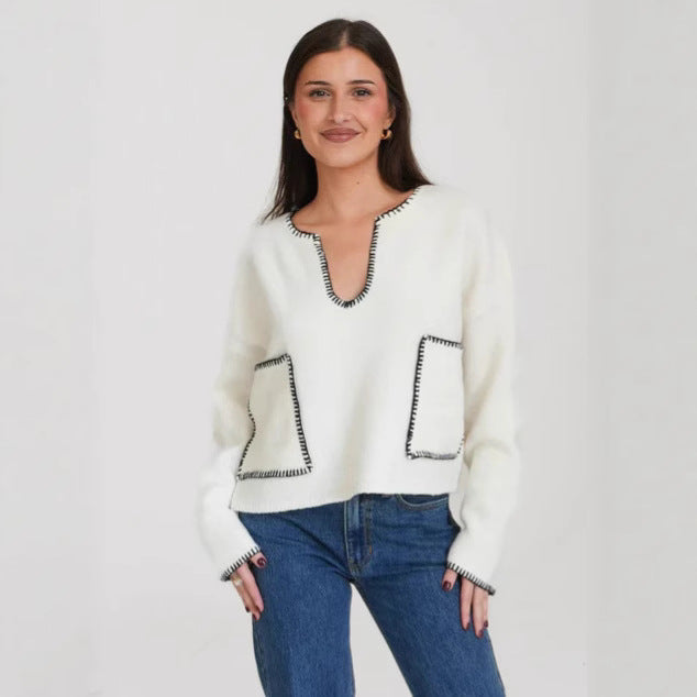 Damen gemütlicher Cropped Pullover mit asymmetrischem Design und praktischen Taschen Drune