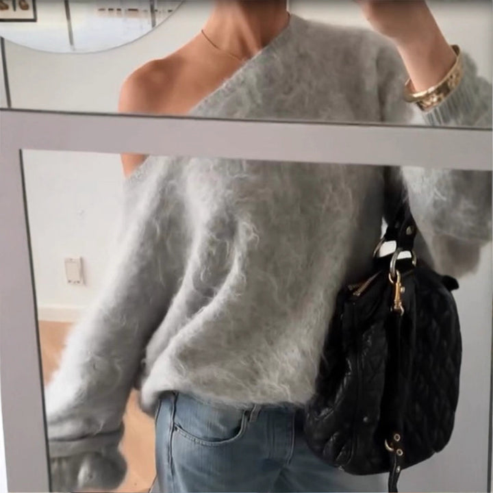 Damen Oversize Mohair-Blend Off-Shoulder Pullover mit Ballonärmeln Drune