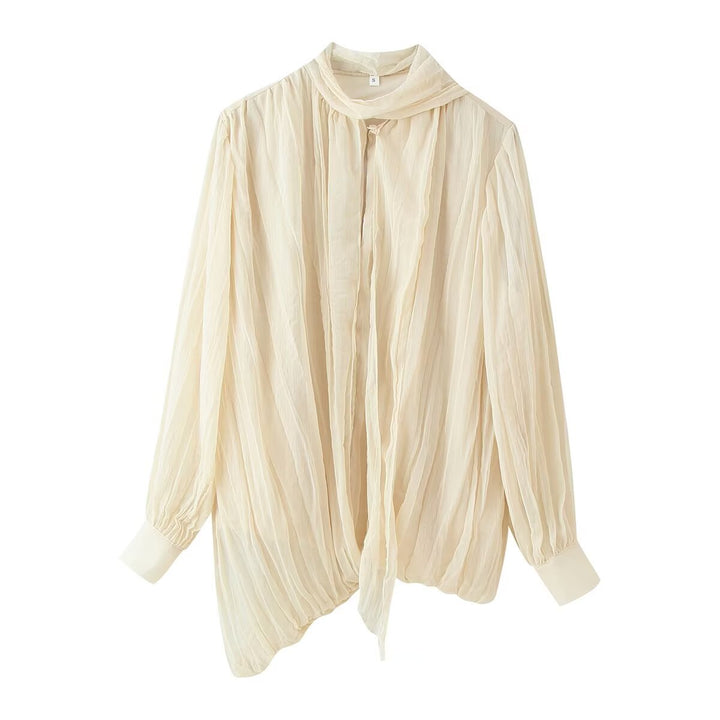 Damen Plissierte Chiffon‑Bluse mit Schleifenkragen und geraffter Saumlinie Drune
