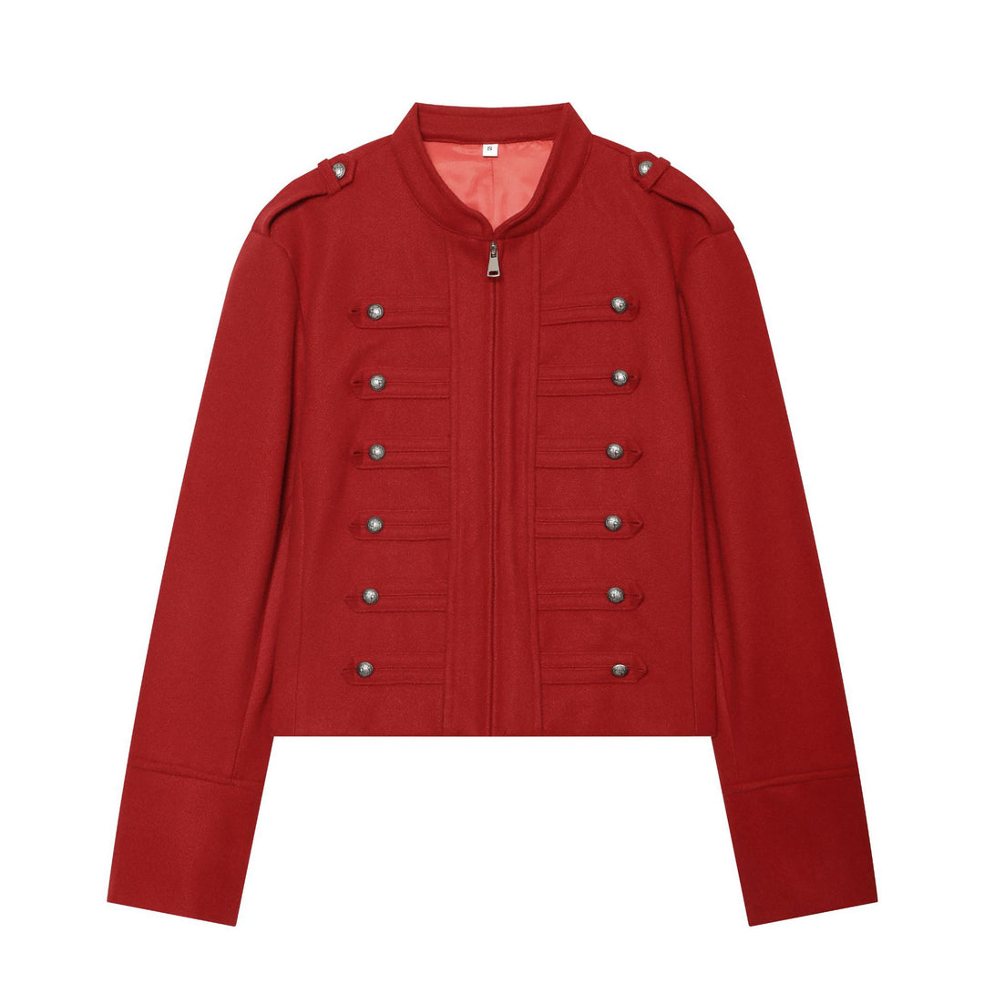 Damen nan militärisch inspirierte Wolljacke mit Stehkragen Zipper und dekorativen Knopfleisten Drune