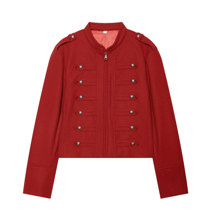 Damen nan militärisch inspirierte Wolljacke mit Stehkragen Zipper und dekorativen Knopfleisten Drune
