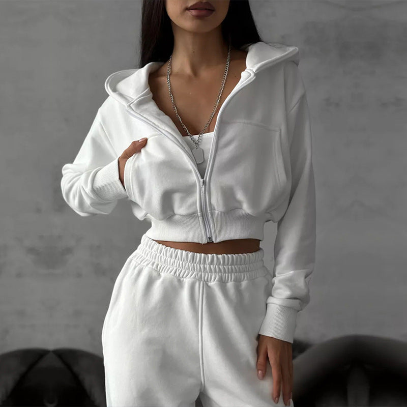 Damen kurzes Zip-Kapuzensweatshirt mit tailliertem Bündchen und weitem High‑Waist French‑Terry Jogginghose Set Drune