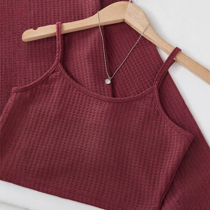 Damen Dreiteiliges Waffelstrick‑Lounge‑Set mit Cropped‑Pullover, Spaghettiträger‑Top und hochtaillierten Shorts Drune