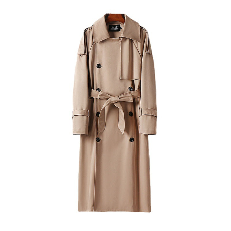 Damen Langer Doppelreihiger Trenchcoat mit Bindegürtel und Epauletten Drune