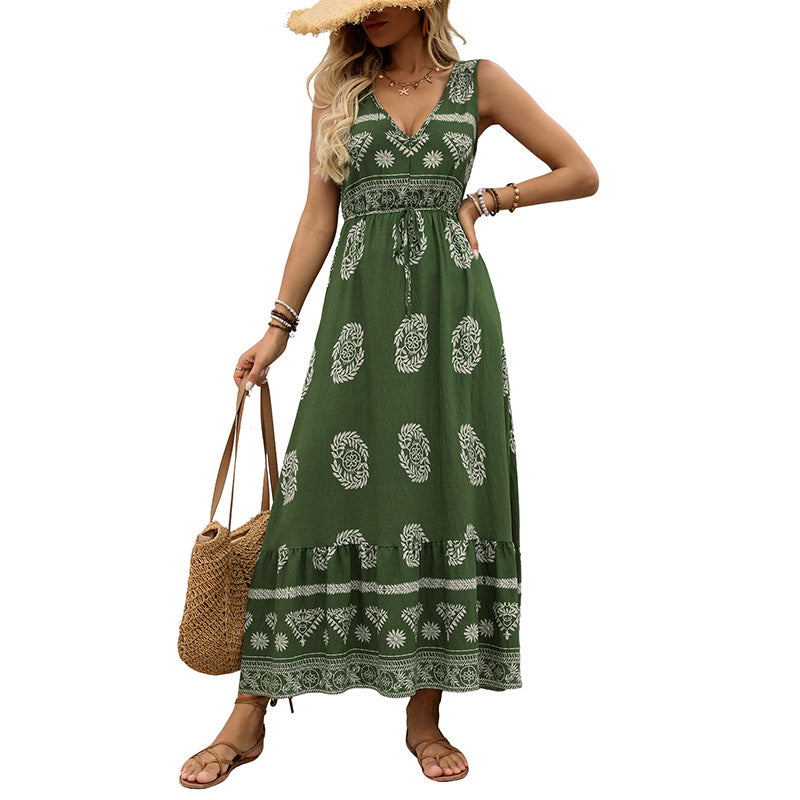Damen Maxikleid mit V-Ausschnitt, tailliertem Bindegürtel und gestuftem Volant Saum Drune