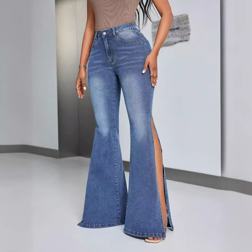 Damen elegante High-Waist Flared Jeans mit seitlichen Schlitzen Drune