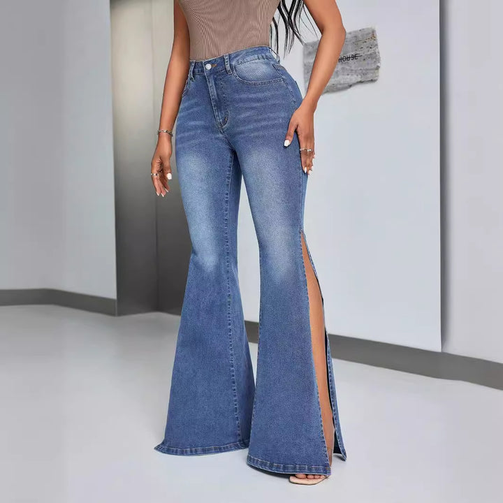 Damen elegante High-Waist Flared Jeans mit seitlichen Schlitzen Drune