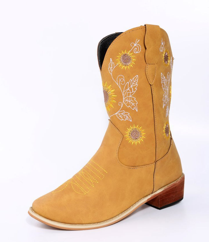 Damen Western-Stiefel mit bestickten Sonnenblumen und komfortablem Blockabsatz Drune