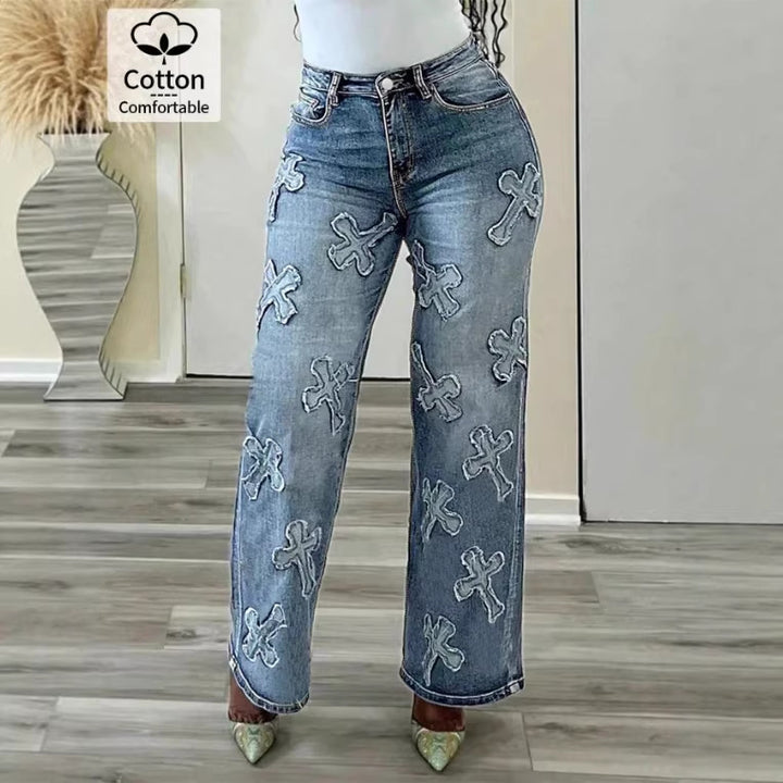 Damen Hochtaillierte gerade geschnittene Jeanshose mit Kreuzapplikationen aus Baumwoll-Jeansstoff Drune