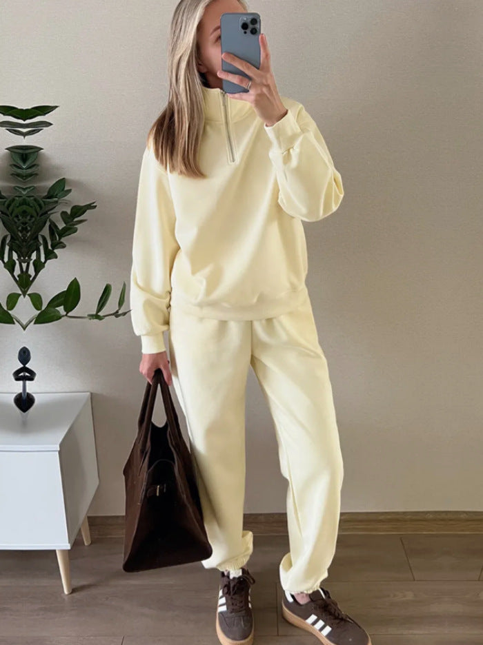 Damen Sweatset mit Halbreißverschluss, oversized Pullover und hochtaillierter weit geschnittener Jogginghose Drune