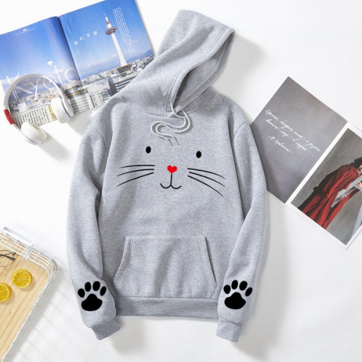 Damen nan Kapuzenpullover mit gedrucktem Katzenmotiv, Kängurutasche und Pfotenapplikationen Drune