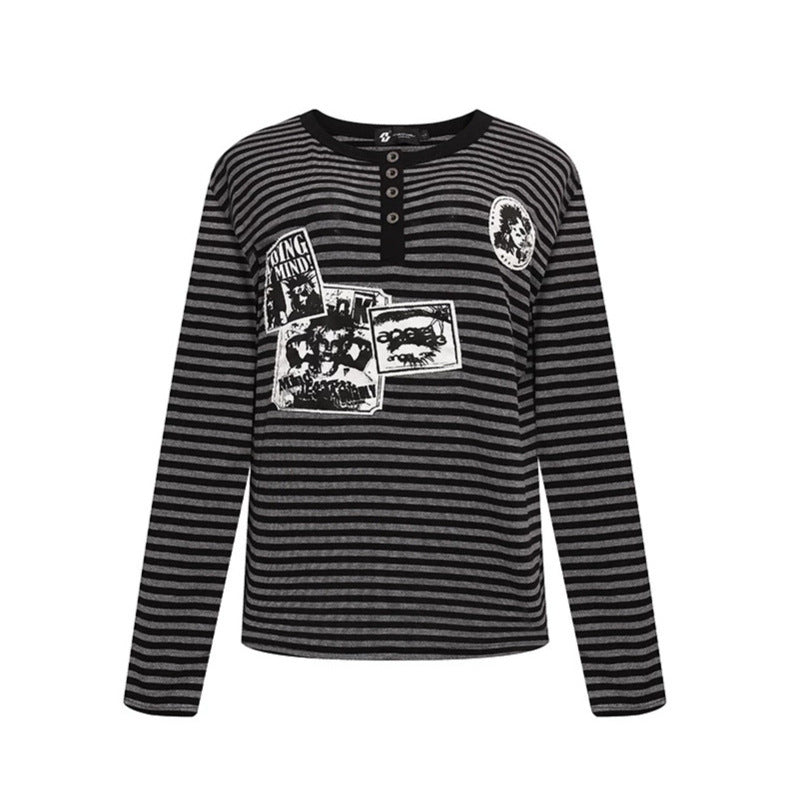 Damen Gestreiftes Langarm-Henleyshirt mit Knopfleiste und Grafikpatches Drune
