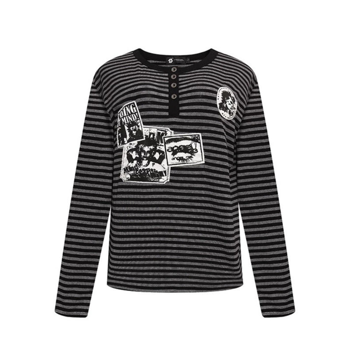 Damen Gestreiftes Langarm-Henleyshirt mit Knopfleiste und Grafikpatches Drune