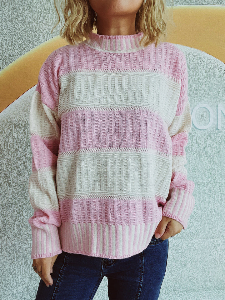Damen modischer Strickpullover mit einzigartigem Streifenmuster und hohen Bündchen Drune