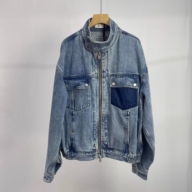 Herren Relaxed Denim-Utility-Jacke mit Stehkragen und kontrastierter Brusttasche Drune