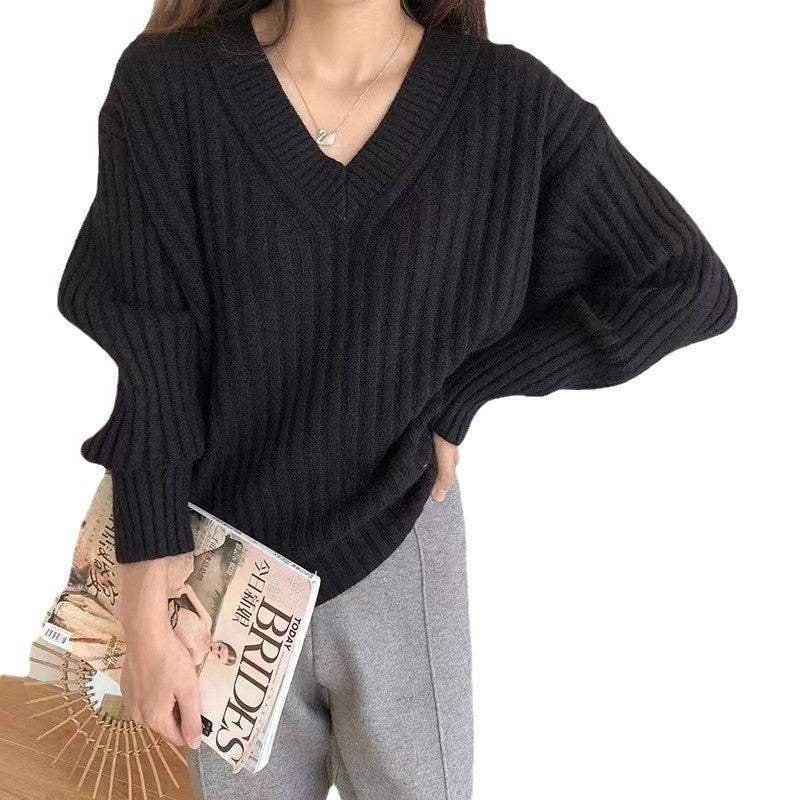 Damen Viskose-Strickpullover mit V-Ausschnitt und geripptem Design Drune