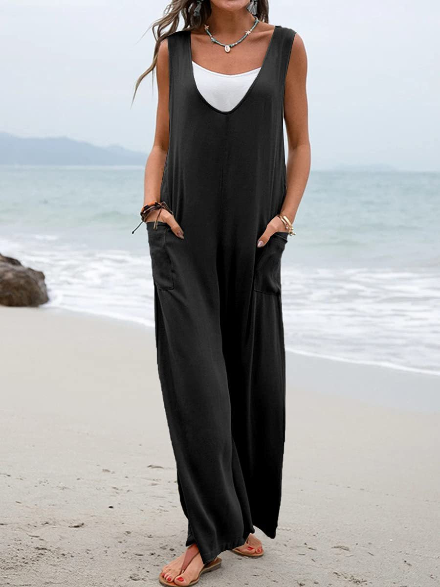 Damen lässiger Jumpsuit mit weit geschnittenem Bein und komfortablen Taschen Drune