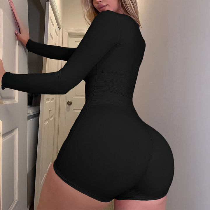 Damen nan figurbetonter Jumpsuit mit quadratischem Ausschnitt, langen Ärmeln und shorts-Länge Drune