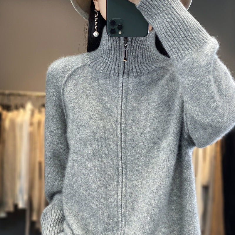 Damen Zip-Cardigan im Kaschmir‑Look mit Stehkragen und gerippten Bündchen Drune