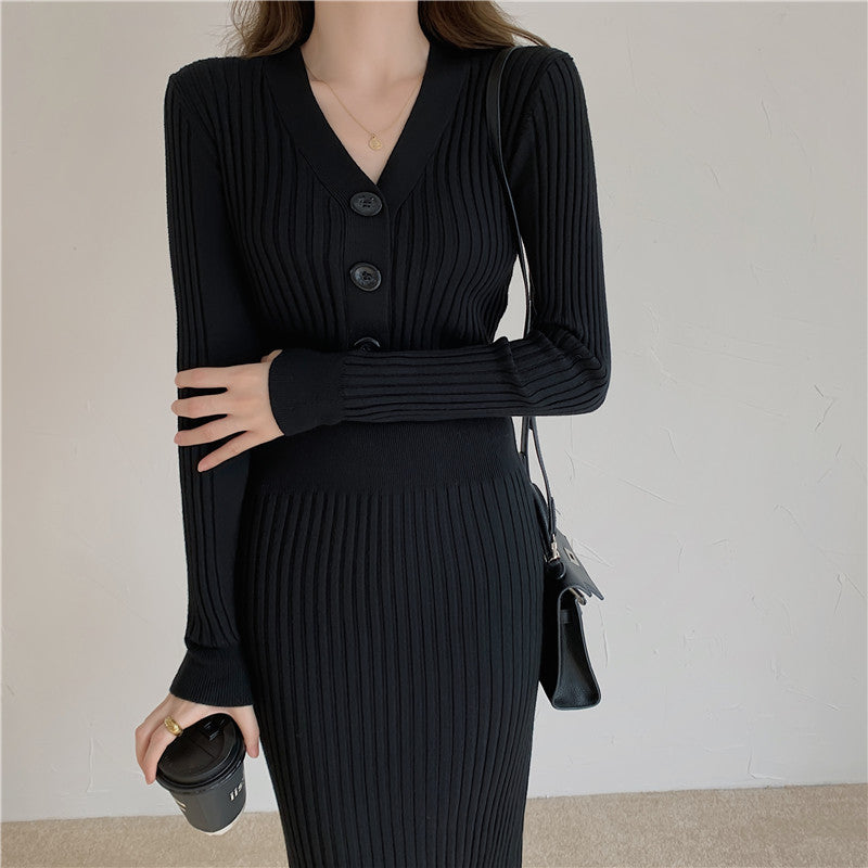 Damen Langarm-Strickkleid mit V-Ausschnitt und Knopfdetails Drune