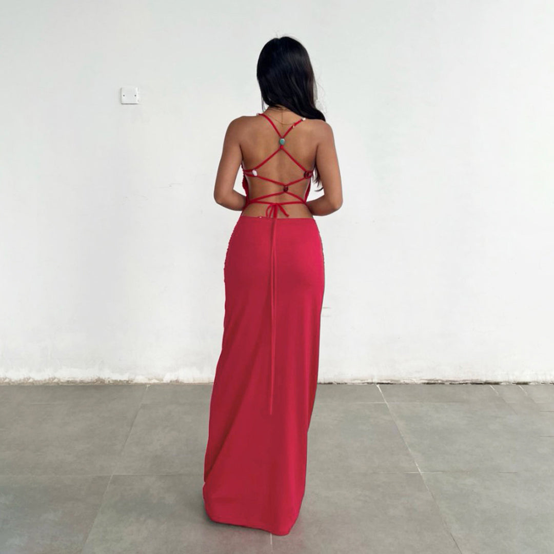 Damen elegantes Maxikleid mit raffinierten Rüschendetails und verstellbaren Trägern Drune