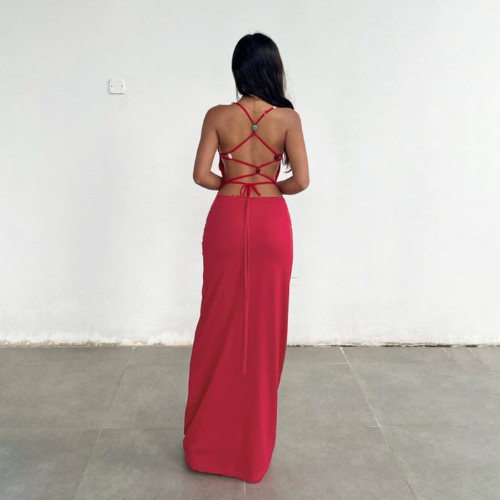Damen elegantes Maxikleid mit raffinierten Rüschendetails und verstellbaren Trägern Drune