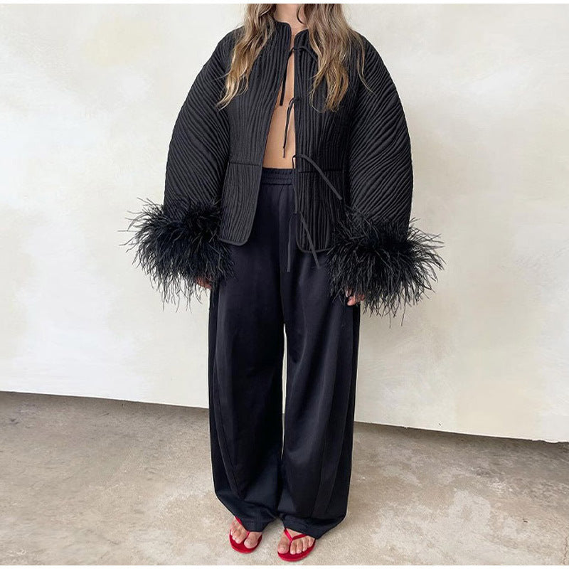 Damen elegante Jacke mit aufwendigen Fell-Ärmeln Drune