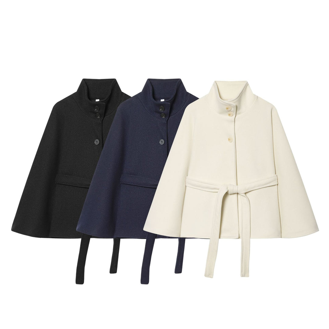 Damen Kurzes Cape-Mantel mit Stehkragen, Knopfleiste und Bindegürtel Drune
