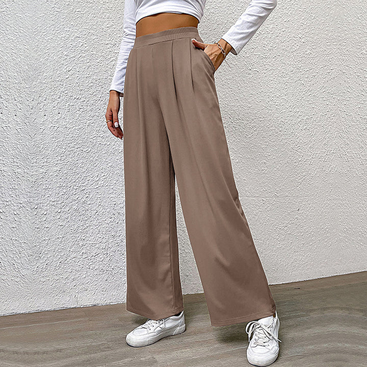 Damen hochtaillierte weite Hose mit Vorderfalten, elastischem Bund und Seitentaschen Drune