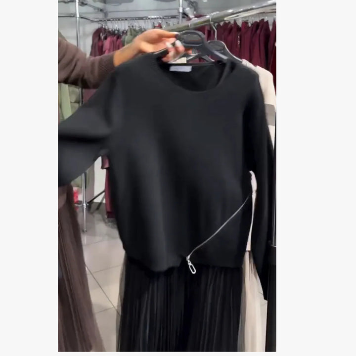 Damen Oversize Feinstrickpullover mit Seitenschlitzen, diagonalem Naht und schichtartigem Look Drune