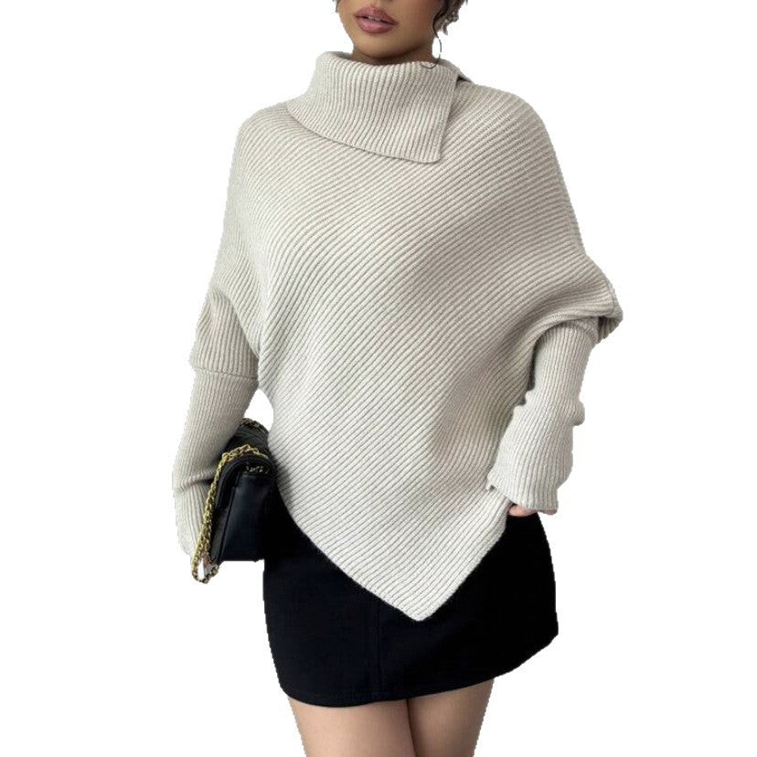 Damen Asymmetrischer Rippenstrick-Poncho mit hohem Rollkragen und verlängerten Ärmeln Drune