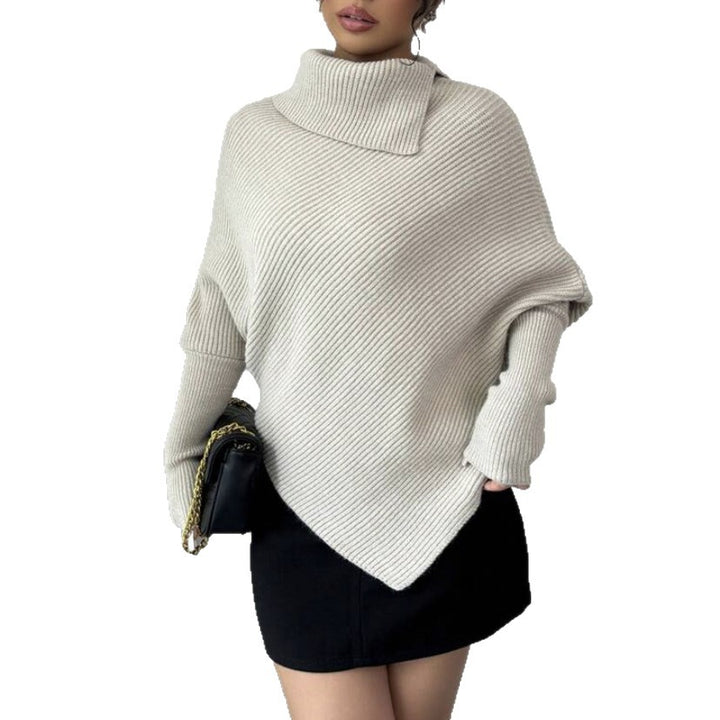 Damen Asymmetrischer Rippenstrick-Poncho mit hohem Rollkragen und verlängerten Ärmeln Drune