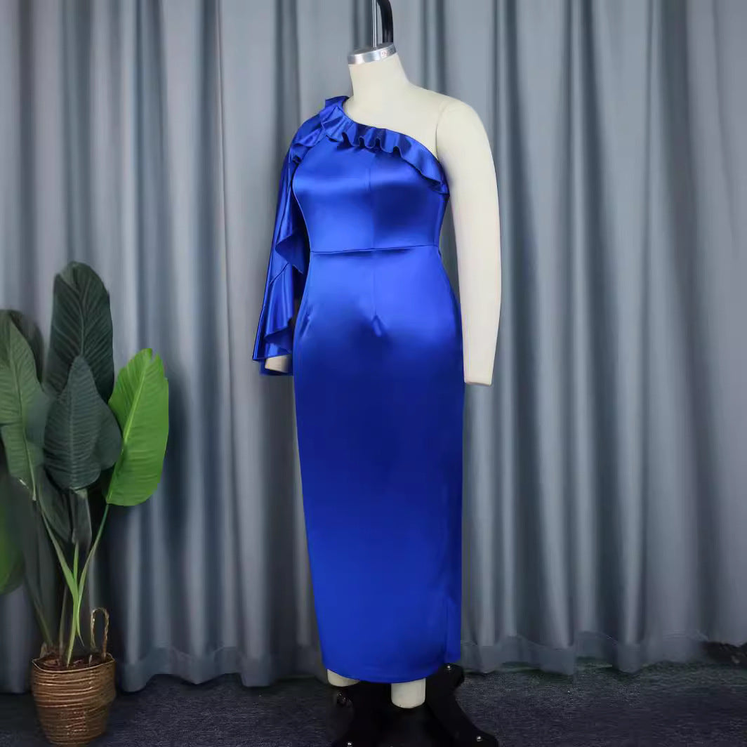 Damen elegantes Abendkleid mit asymmetrischem Rüschärmel Drune