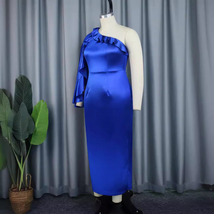 Damen elegantes Abendkleid mit asymmetrischem Rüschärmel Drune
