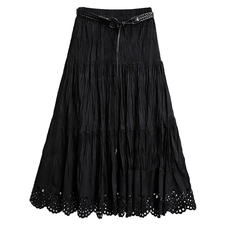 Damen nan gestufter Maxirock mit Crinkle‑Textur, elastischem Komfortbund, zarter Lochspitzen‑Saumkante und geflochtenem Taillengürtel Drune
