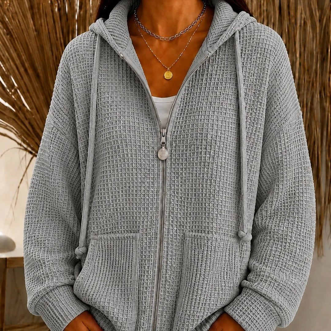 Damen Oversize Waffelstrick-Kapuzenjacke mit Reißverschluss und aufgesetzten Taschen Drune