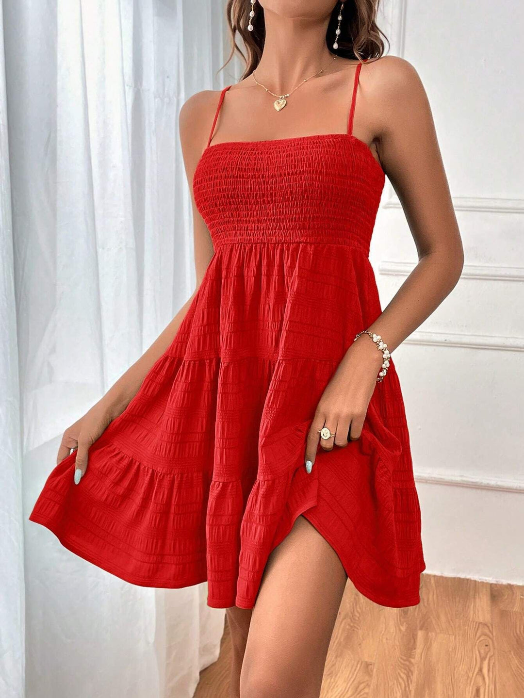 Damen Freizeitkleid mit Schmalen Trägern und Rüschendetails Drune