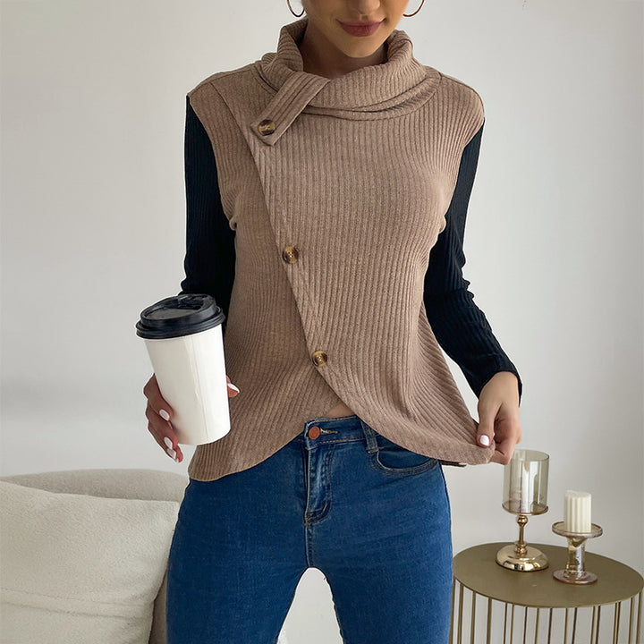 Damen Asymmetrisches Rippenstrick-Layering-Top mit Rollkragen und Zierknopfleiste Drune