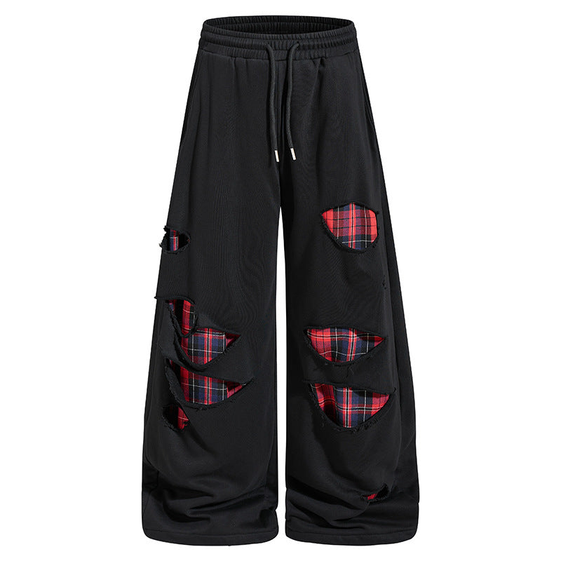Damen weite Destroyed-Jogginghose im Grunge-Stil mit karierten Futterpatches Drune