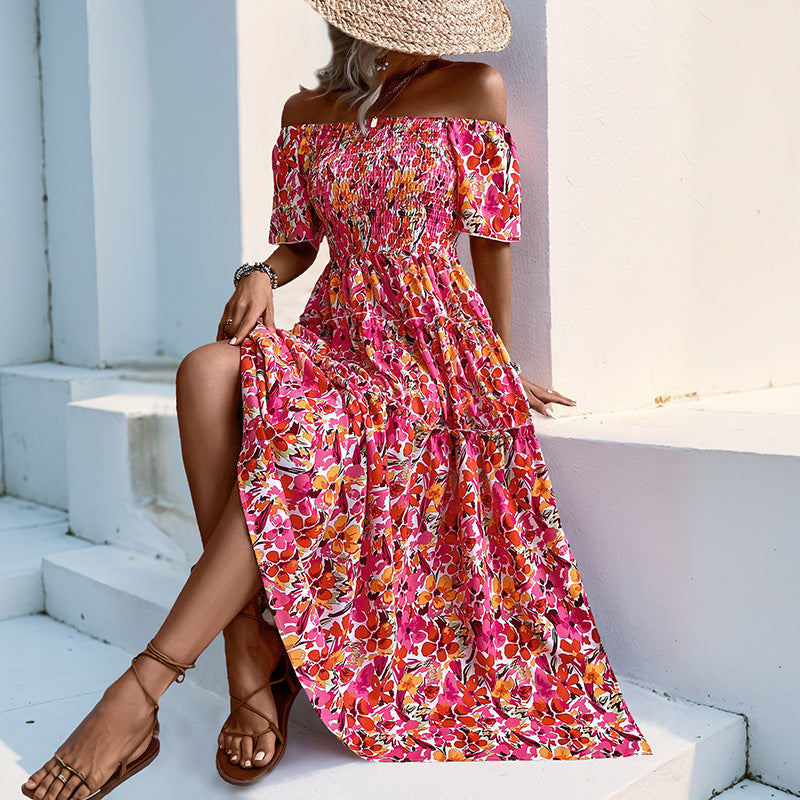 Damen Off-Shoulder Maxikleid mit Blütenmuster und Rüschendetails Drune