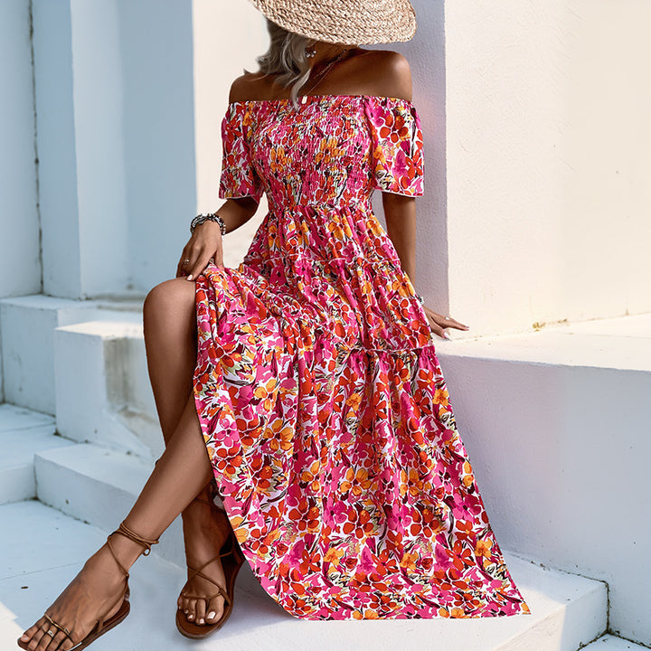 Damen Off-Shoulder Maxikleid mit Blütenmuster und Rüschendetails Drune
