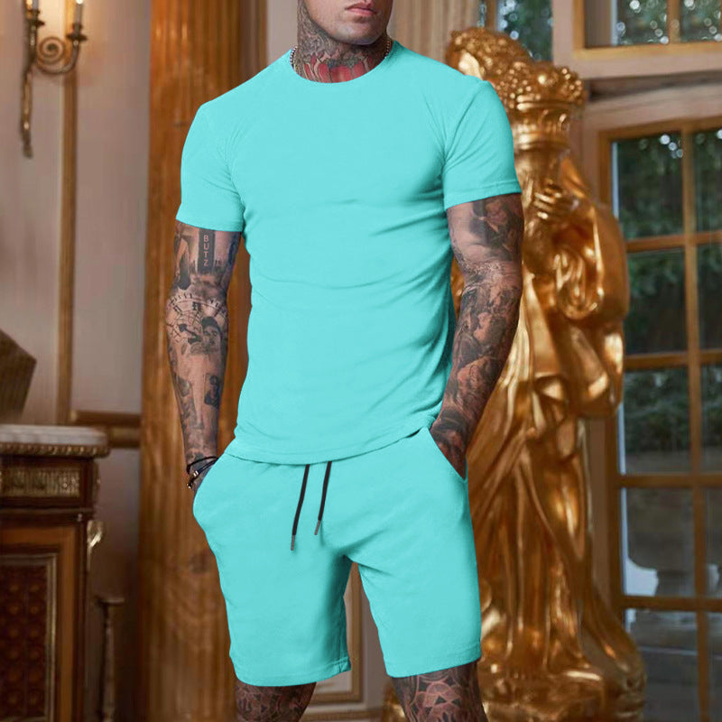 Herren nan schlankes Jersey-Set mit Rundhalsshirt und elastischer Tunnelzug-Shorts Drune