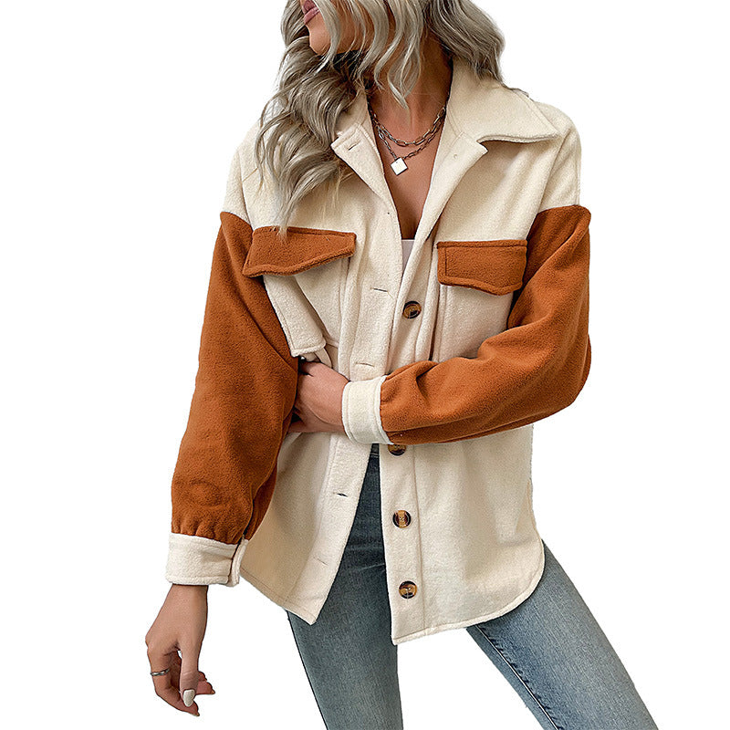 Damen weite Hemdjacke aus Teddyfleece mit Kontrastärmeln und aufgesetzten Taschen Drune