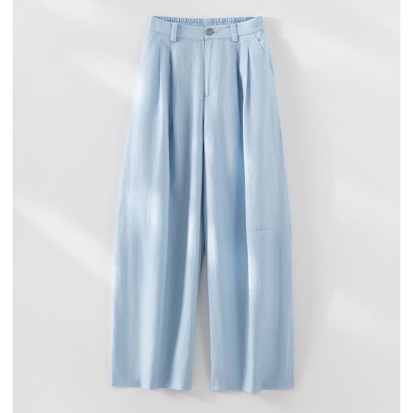 Damen weite Leinenoptik-Hose mit hoher Taille, Bügelfalte und elastischem Rückenteil Drune