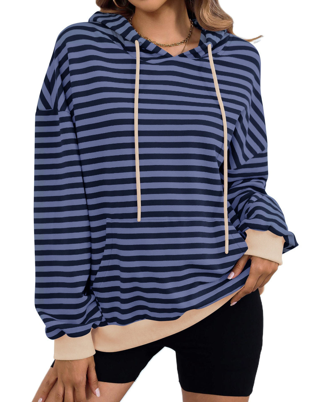 Damen gestreifter Kapuzenpullover mit stylischer Kängurutasche Drune