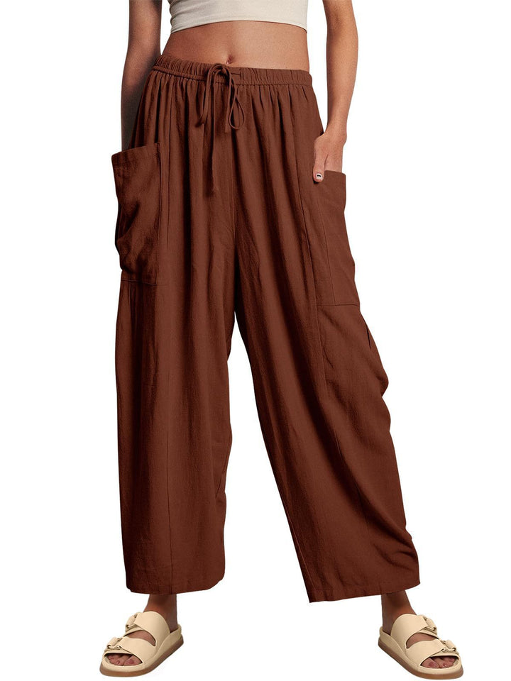 Damen nan weite Palazzohose aus leichtem Leinenmix mit Tunnelzug und seitlicher Tasche Drune