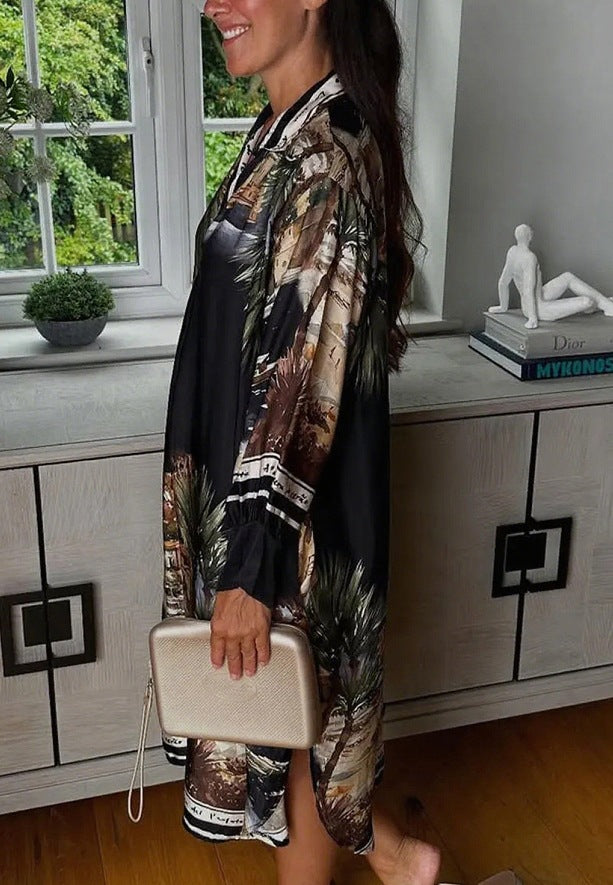 Damen nan Seidenoptik-Hemdkleid im Kaftanstil mit illustrativem Küstenprint Drune