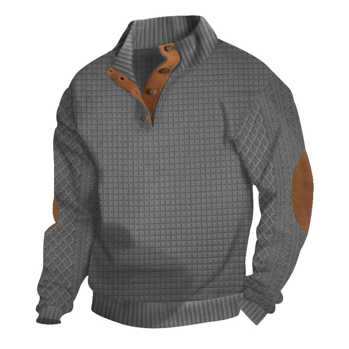 Herren nan Halbknopf-Stehkragenpullover mit Wabenstruktur und Lederbesatz Drune