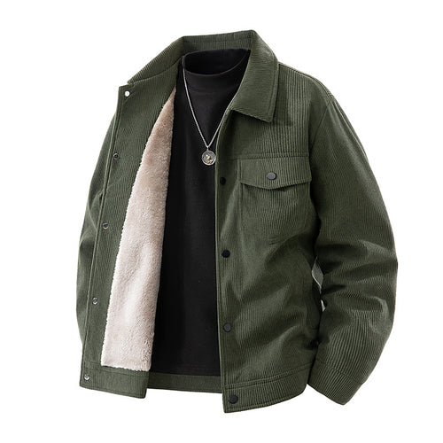 Männliche -Cord-Jacke mit Kunstschafsleder-Futter und Druckknopfverschluss Drune